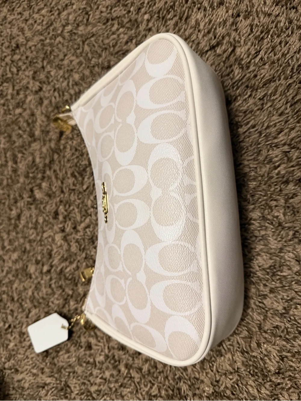 Coach Cream and White Signature Shoulder Bag with Gold-Tone Hardware